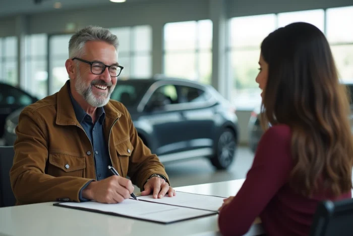 Homme souriant signant un contrat de voiture en showroom