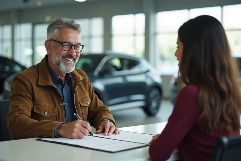 Homme souriant signant un contrat de voiture en showroom