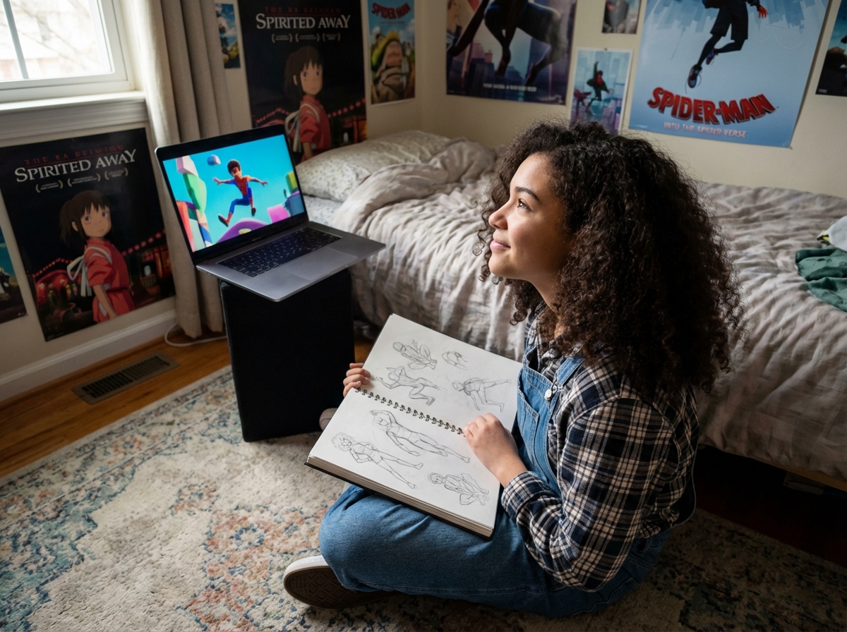 Adolescente esquissant des poses de personnages devant son ordinateur portable