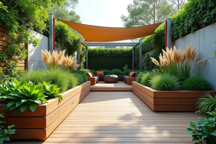 Jardin contemporain 2024 avec potager surélevé en bois, terrasse composite et mur végétal sous une pergola moderne