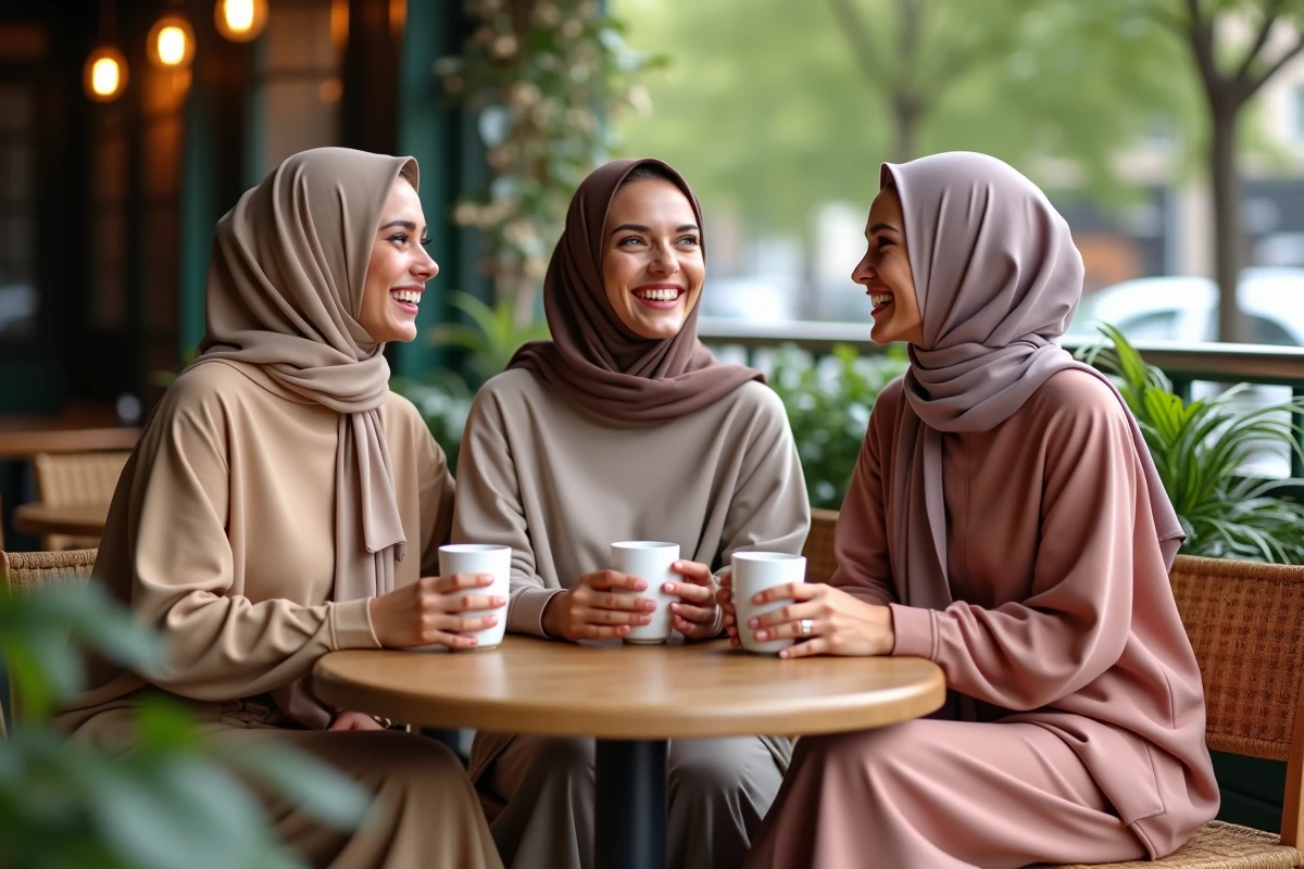 Trois amies en hijab riant dans un café cosy