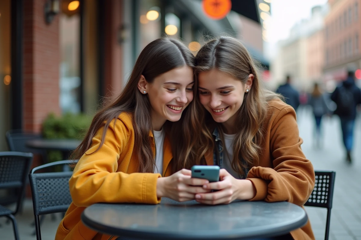 Deux adolescents discutant et regardant un smartphone au café en extérieur
