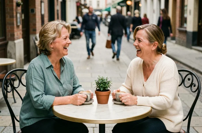 Deux femmes d'une cinquantaine d'années rient ensemble à la terrasse d'un café, illustrant la création de nouvelles amitiés après 50 ans