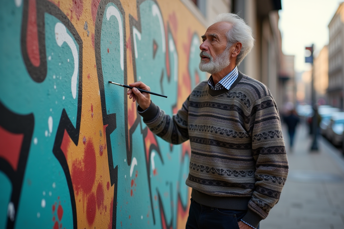 Artiste âgé peignant une fresque murale en extérieur