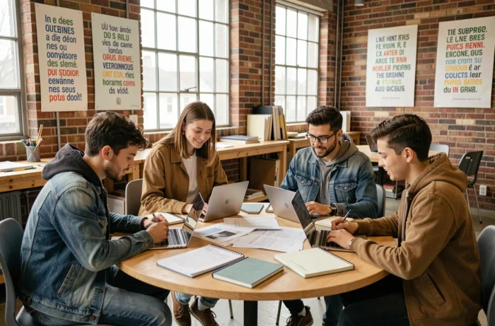 Groupe de jeunes adultes collaborant dans un atelier d'insertion sociale autour d'une table