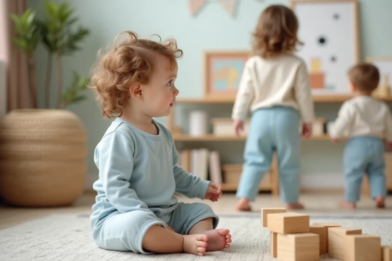 Bébé fille assise parmi blocs en bois dans un salon moderne
