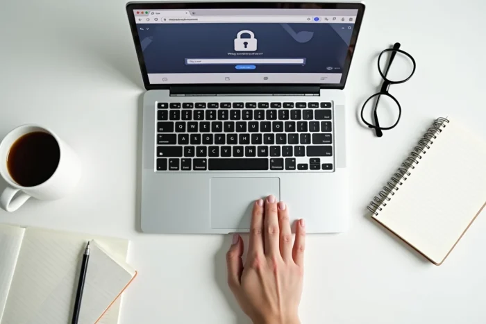 Vue aérienne d'un bureau avec ordinateur portable affichant une interface web avec icônes de sécurité et verrou numérique