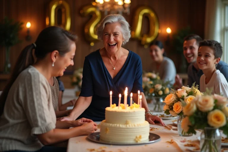 Femme de 70 ans souriante soufflant les bougies de son gâteau d'anniversaire entourée de sa famille lors d'une fête élégante