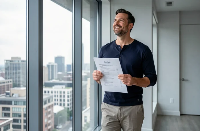 Homme célébrant ses réussites annuelles avec une liste d'objectifs accomplis dans un appartement moderne