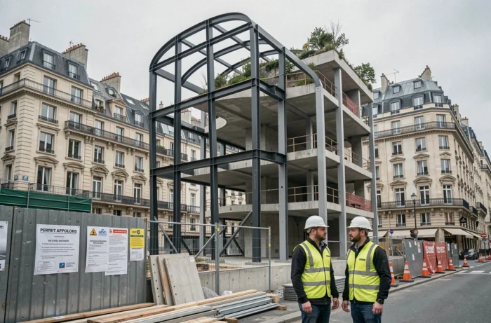 Deux ingénieurs sur un chantier de construction innovante en milieu urbain avec structure métallique et toiture végétalisée