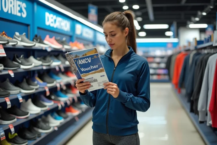 Femme utilisant des chèques vacances ANCV pour acheter des chaussures de running dans un magasin Decathlon