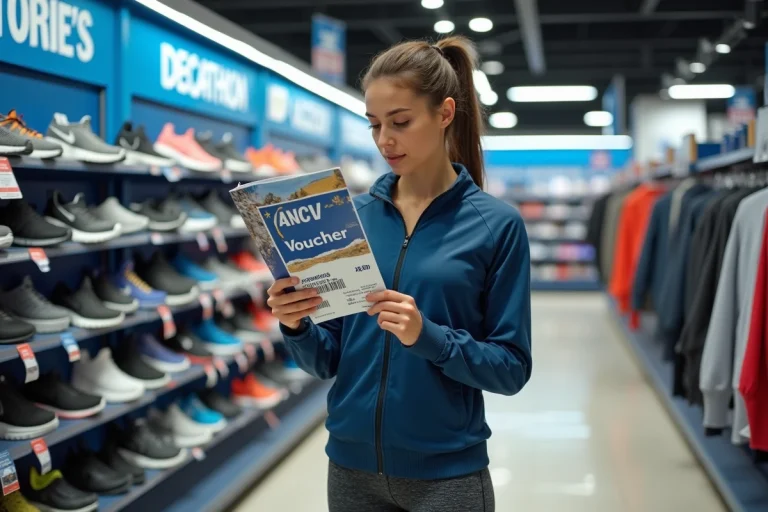 Femme utilisant des chèques vacances ANCV pour acheter des chaussures de running dans un magasin Decathlon