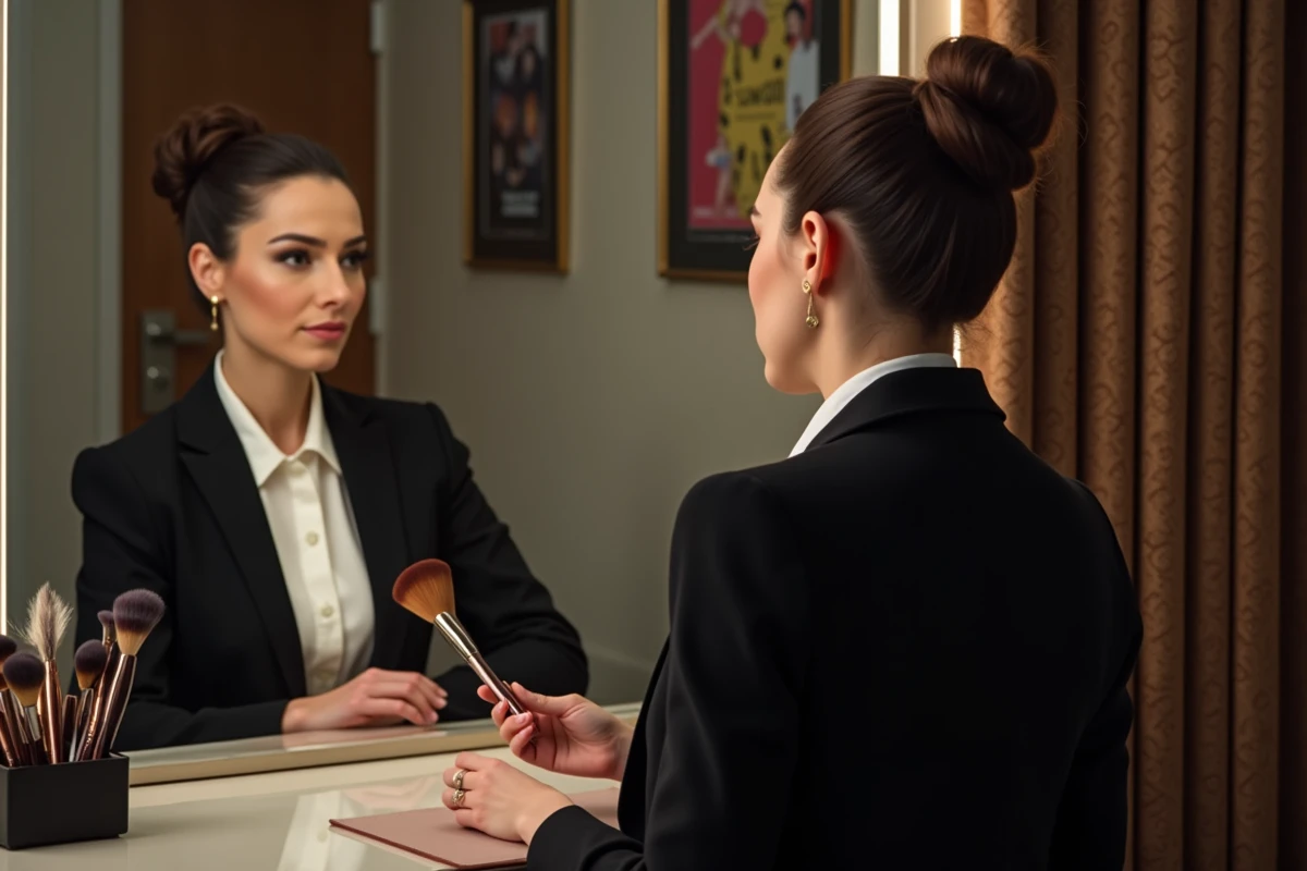 Femme se préparant dans un miroir backstage avec maquillage
