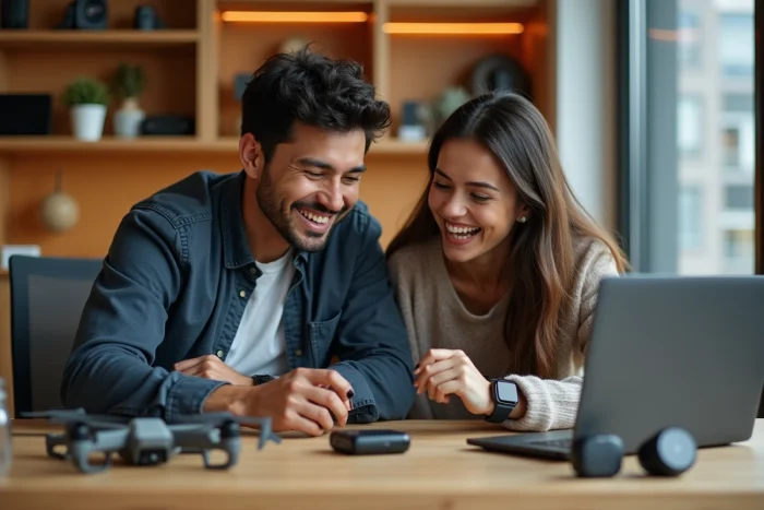 Deux personnes comparant les derniers gadgets high-tech sur un bureau dans un studio éditorial moderne, avec drone, montre connectée et écouteurs sans fil