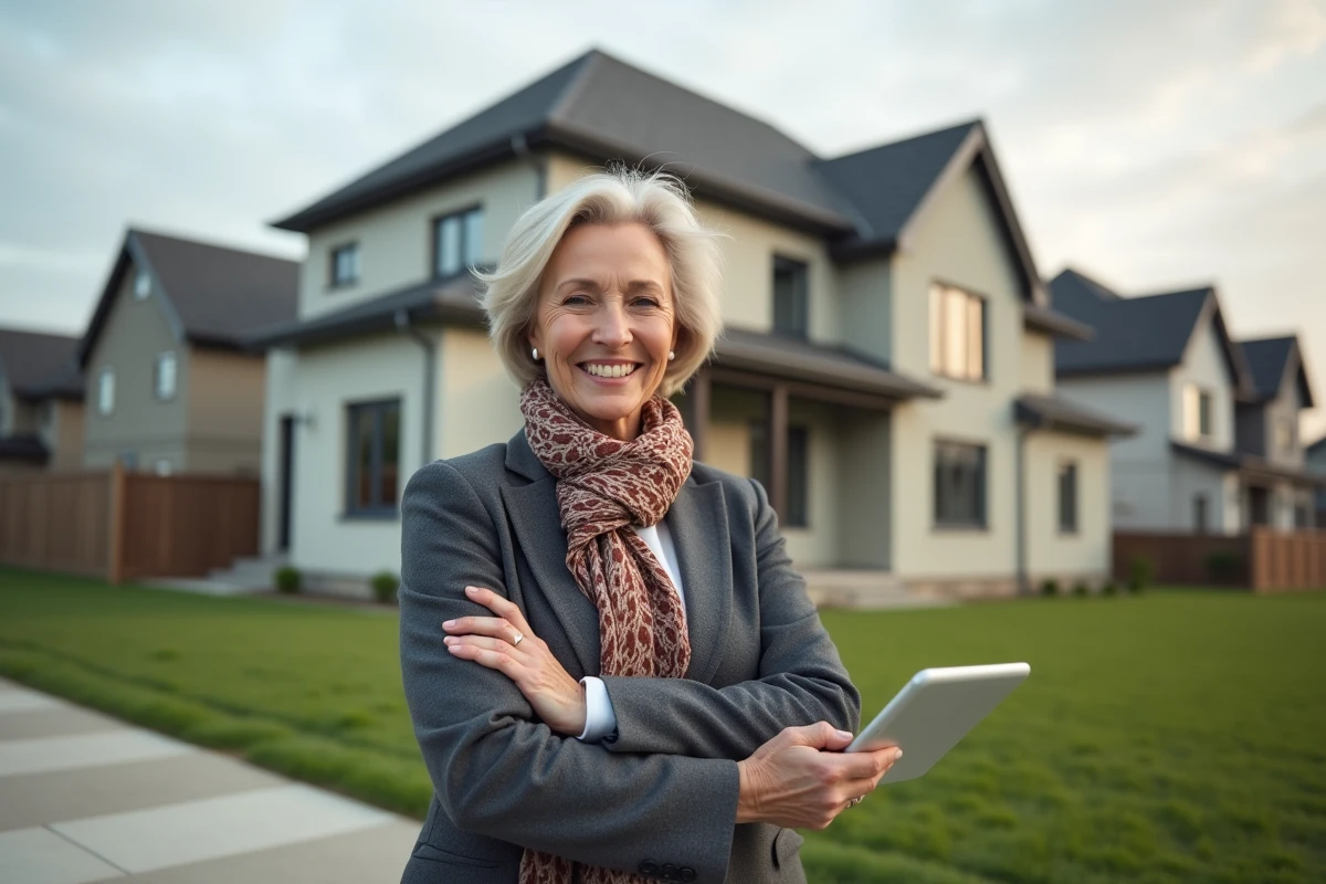 Conseillère immobilière posant devant une maison neuve en suburb