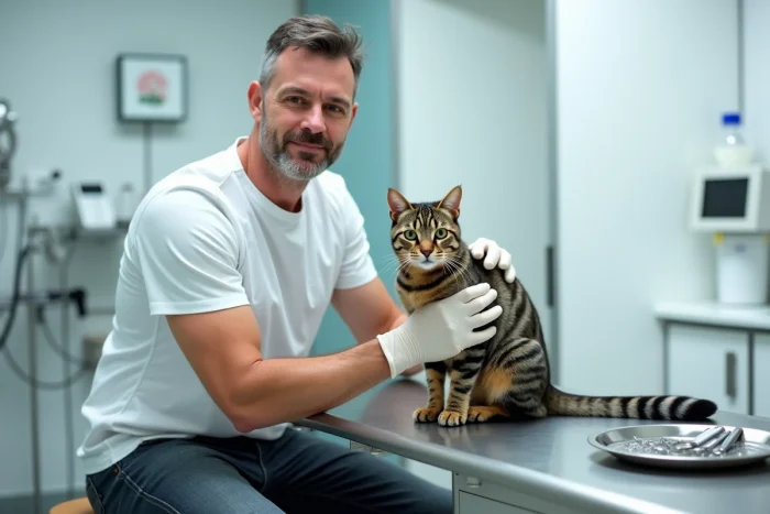 Uomo che tiene un gatto tigrato durante una visita veterinaria, salute e cura degli animali domestici