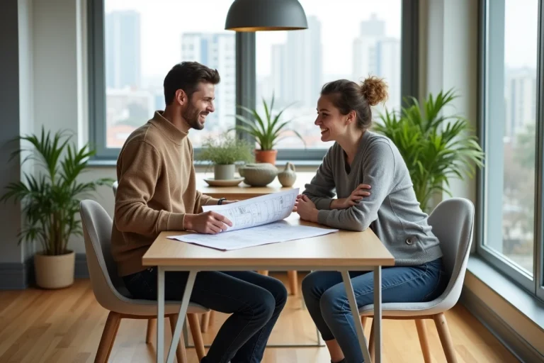 Couple souriant regardant des plans dans un appartement lumineux