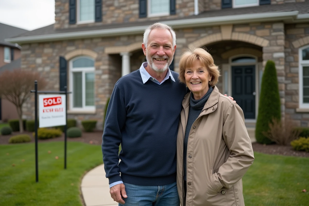 Couple devant leur maison neuve dans un quartier résidentiel