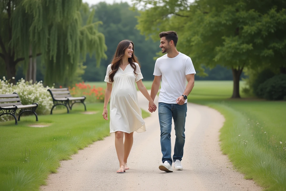 Couple enceinte marchant dans un parc calme