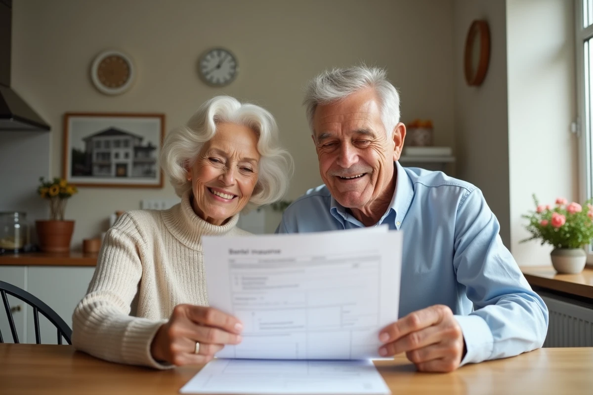 Couple senior examinant des documents dentaires à la maison