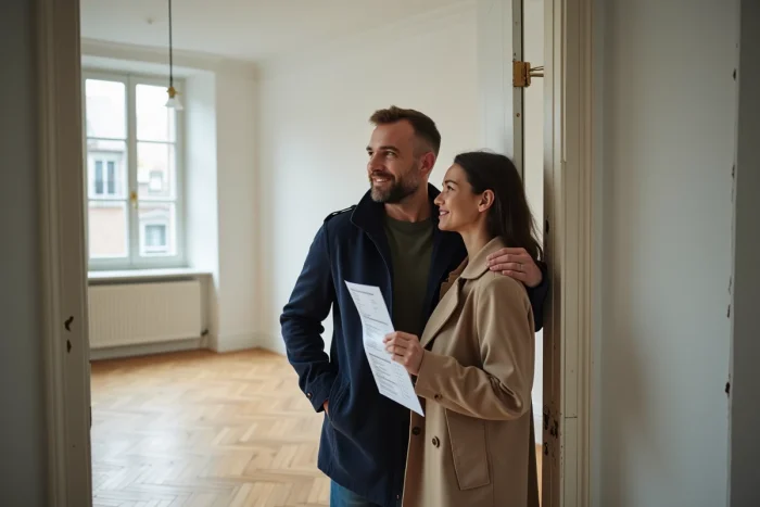 Couple visitant un appartement vide lors d'une visite immobilière, debout dans l'embrasure de la porte avec un document de présentation du bien