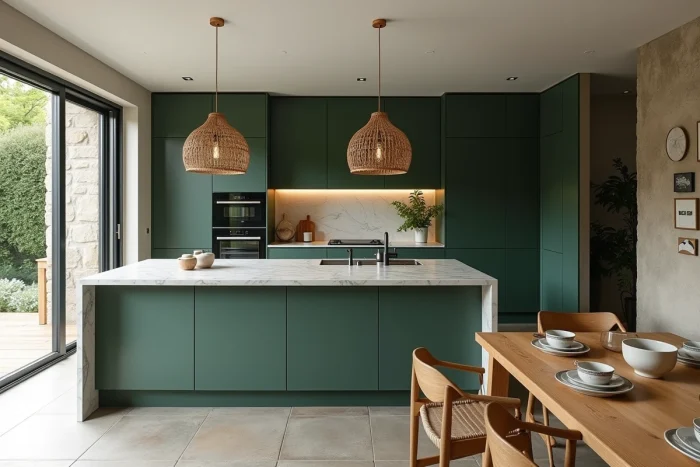 Cuisine ouverte moderne aux tons vert forêt avec îlot en marbre, table en chêne et verrière donnant sur le jardin, tendances 2024