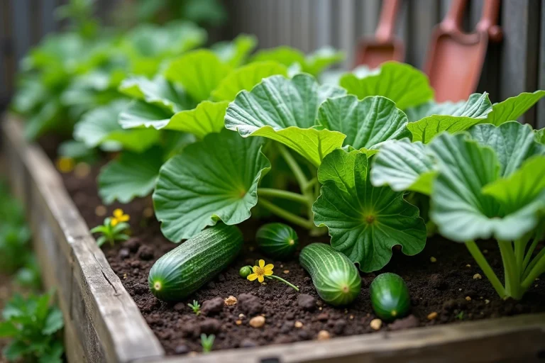Culture associée de concombres et de salades dans un carré potager surélevé en bois, feuillages verts denses et fleurs jaunes visibles