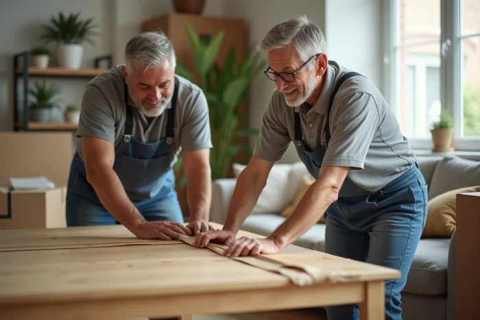 Homme et femme emballant une grande table en bois dans un salon chaleureux