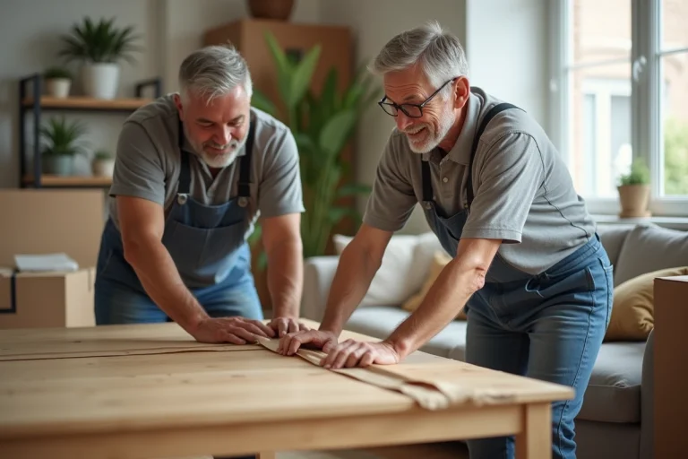 Homme et femme emballant une grande table en bois dans un salon chaleureux