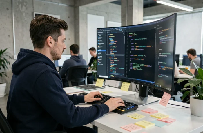 Développeur logiciel concentré lisant les mises à jour de X-Script sur un grand écran incurvé dans un bureau moderne