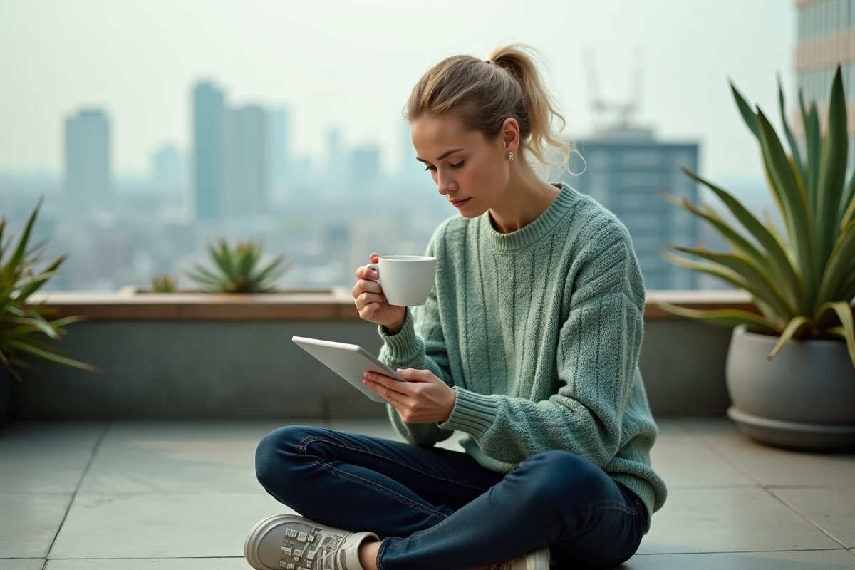Femme développeuse sur un rooftop urbain avec tablette et café