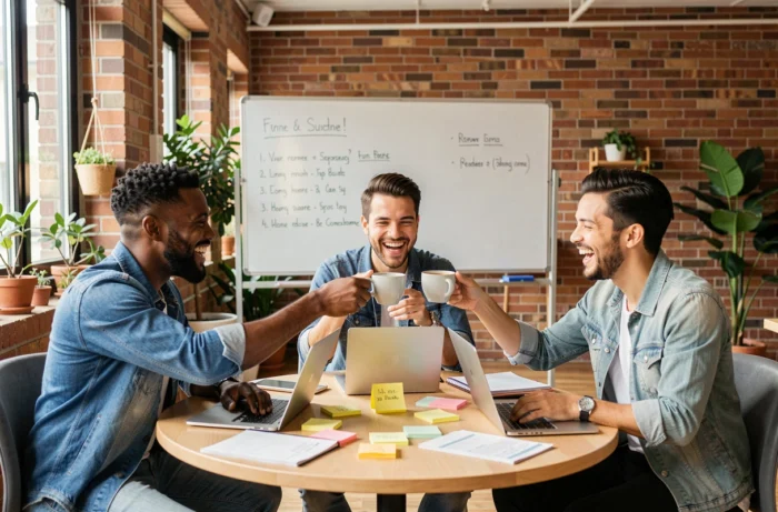 Équipe de collègues célébrant ensemble leurs réussites de l'année autour d'une table dans un espace de coworking