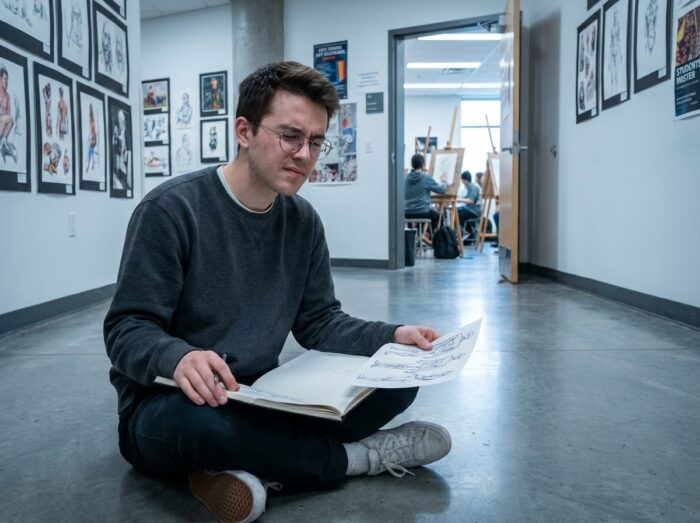 Étudiant en école de dessin révisant ses travaux d'illustration dans un couloir d'école d'art moderne