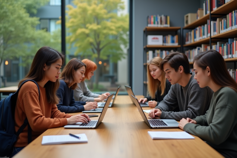 Groupe d'étudiants universitaires en collaboration dans une bibliothèque moderne