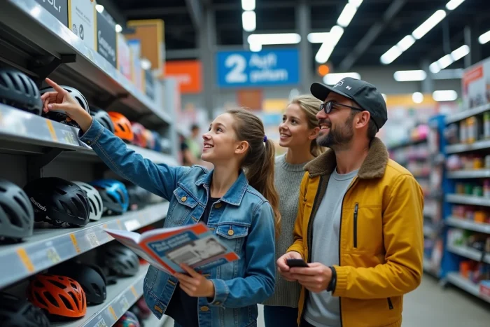 Famille utilisant des chèques vacances ANCV pour acheter des équipements sportifs chez Decathlon