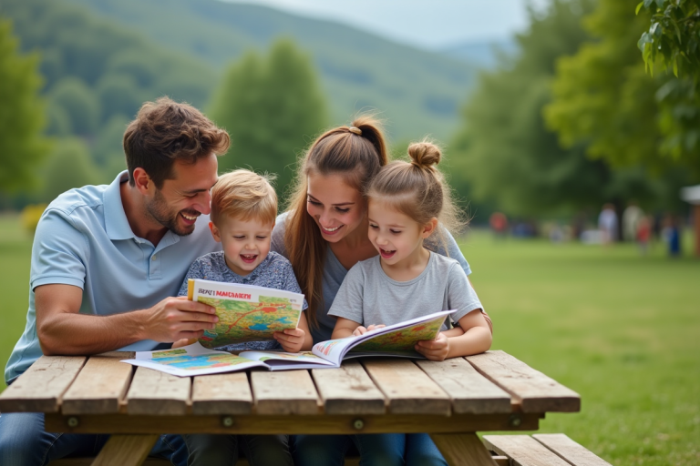 Famille souriante avec brochures et carte dans un parc