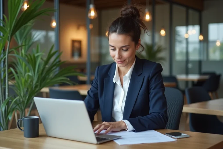 Femme d'affaires en coworking regardant des documents