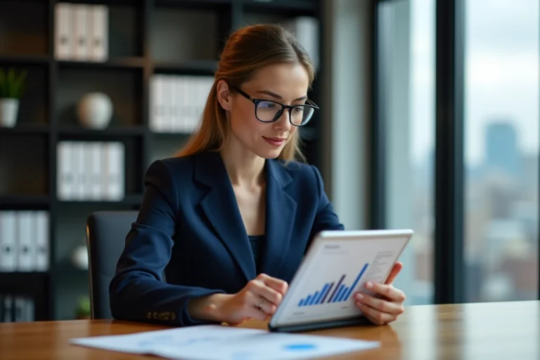 Femme d affaires en costume bleu étude un graphique sur tablette