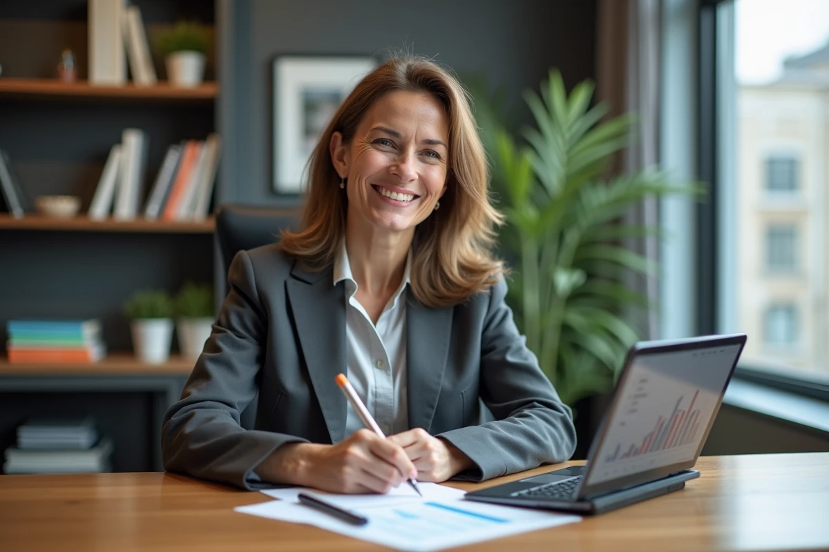 Femme confiante utilisant smartphone et notes dans un bureau