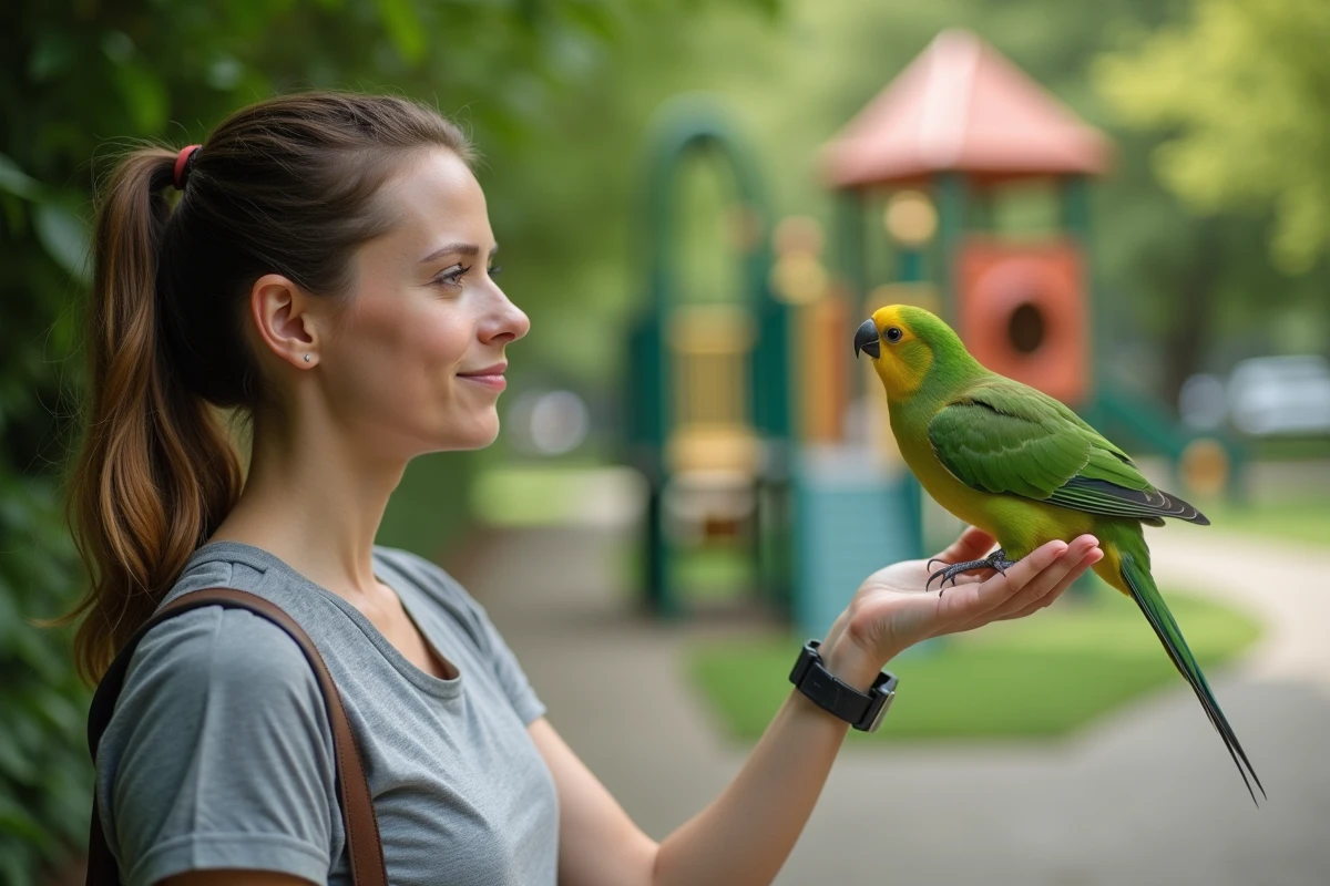 Femme avec kakariki vert dans un parc urbain