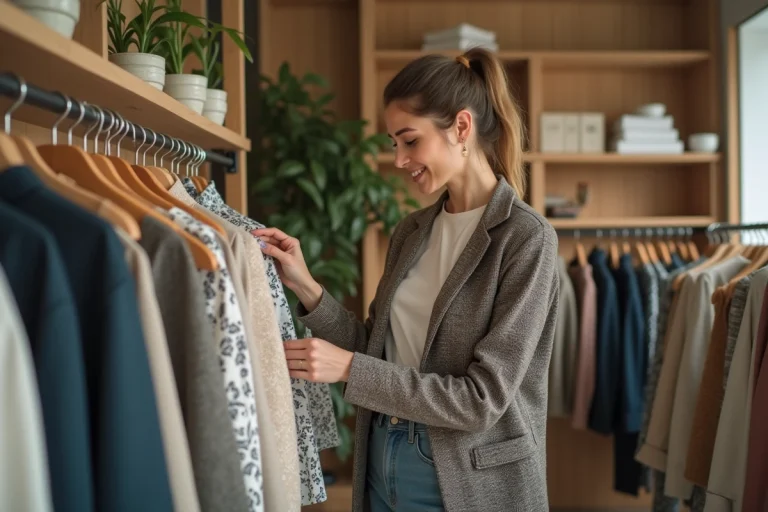 Femme stylée dans une boutique moderne en train de choisir un vêtement