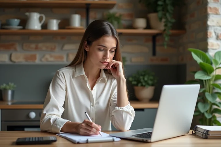 Jeune femme en intérieur cosy vérifiant son budget