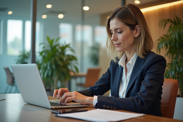 Femme d'affaires travaillant sur un ordinateur dans un bureau municipal