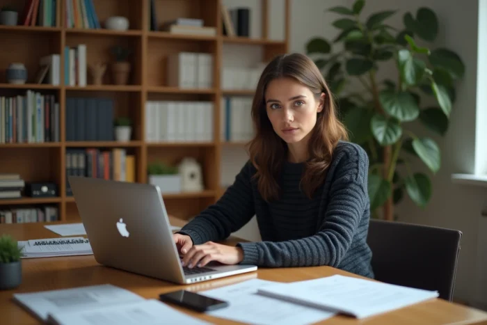 Femme assise à son bureau à domicile en train de taper sur son ordinateur