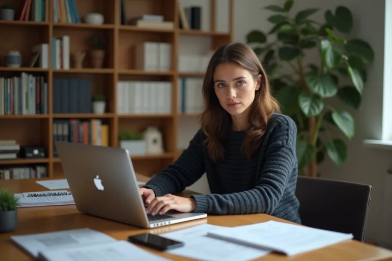 Femme assise à son bureau à domicile en train de taper sur son ordinateur