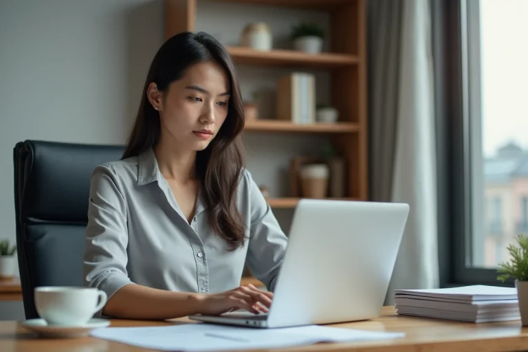 Jeune femme au bureau vérifiant un formulaire de visa