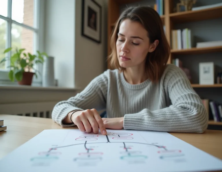 Femme consultant un sitemap imprimé d'un site d'actualités à son bureau pour optimiser sa navigation
