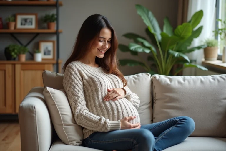 Femme enceinte souriante dans un salon chaleureux