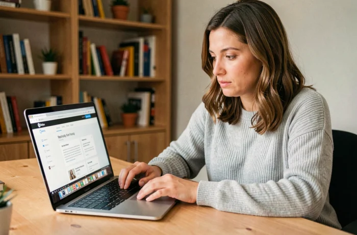 Femme explorant un site web de ressources en ligne sur son ordinateur portable dans un bureau à domicile bien organisé