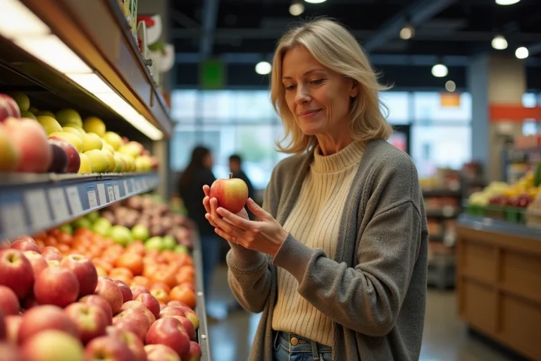 Femme souriante inspectant une pomme dans un marché intérieur